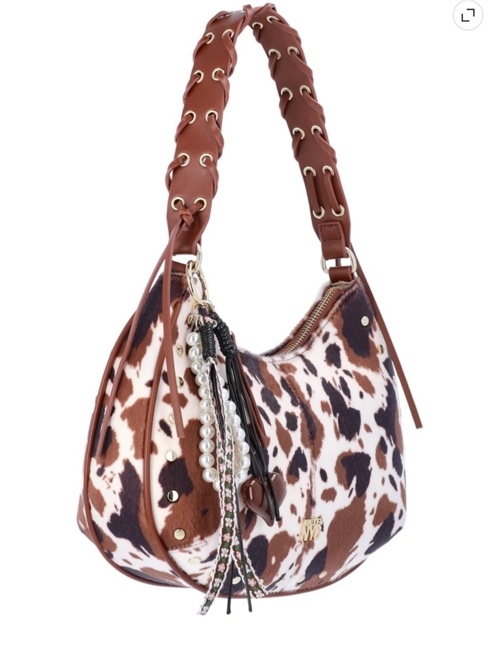 Madden NYC Cow Print Half Moon Stud Shoulder Bag with Charms - NWT - Picture 3 of 4